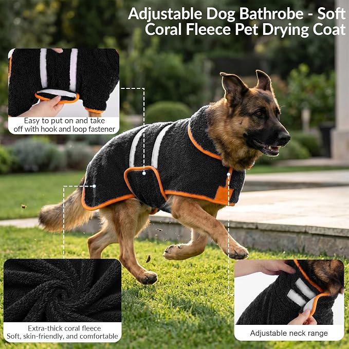 Bienbee Dog Bathrobe, Quick Drying Super Absorbent Pet Robes for Small Medium Large Dogs, Drying Coat for After Bath & Swim, Warm & Cozy Dogs Towels, Dog Puppy Bath Supplies, Black L