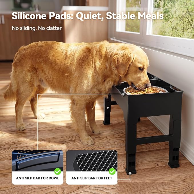 CZPET Elevated Dog Bowls Mess Proof with Splash Guard 4 Heights Adjustable Raised Stand with 2L (67 oz) Stainless Steel Bowls, Lifted Food Water Feeder for Small, Medium & Large Dogs