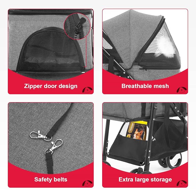 BestPet 4-Wheel Pet Stroller - Grey, Detachable Carrier
