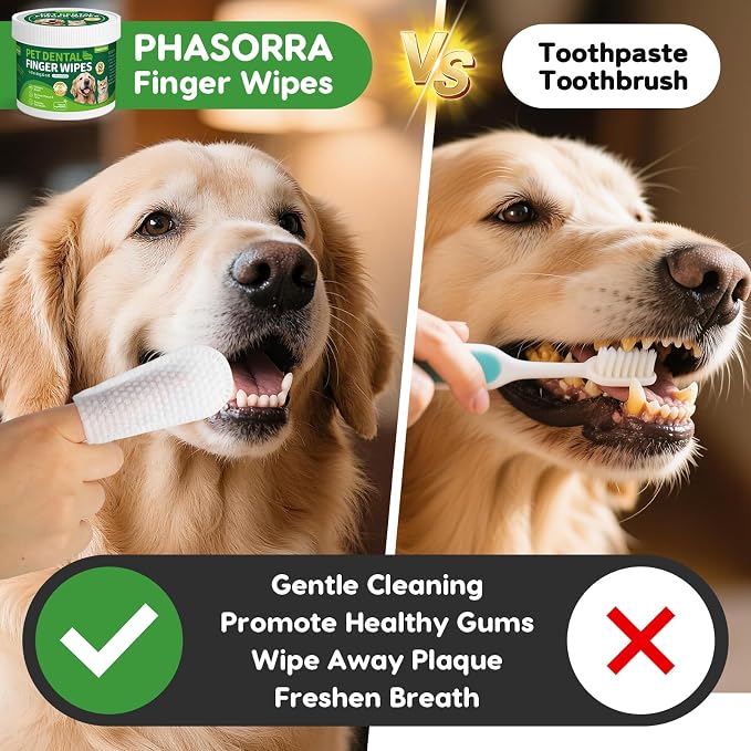 Dog & Cat Tooth Brushing kit - 60Ct Dog Toothbrush & Toothpaste Alternatives, Dental Care Wipes, Heavy Duty Teeth Cleaning, Remove Tartar & Plaque, Breath Freshener