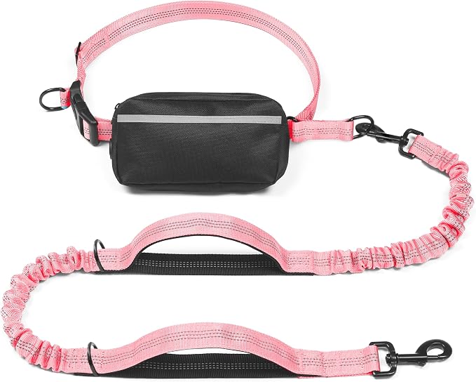 iYoShop Hands Free Dog Leash with Zipper Pouch, Baby Pink, 8-25 lbs, Medium | Waist Leash, Dual Padded Handles, Shock-Absorbing Bungee, Adjustable Waist Belt, Walking and Running