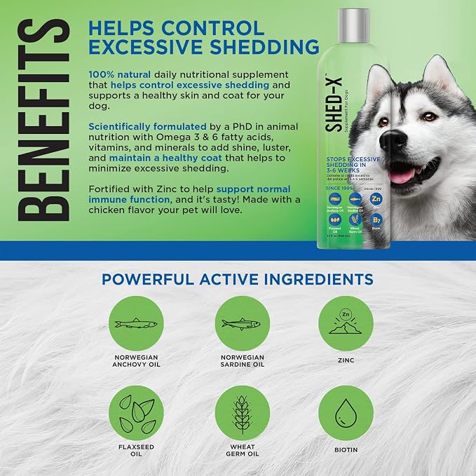 Shed-X Liquid Dog Supplement,32oz – 100% Natural – Helps Dog Shedding,Fish Oil for Dogs Supports Skin & Coat,Dog-Oil for Food with Essential Fatty Acids,Vitamins,and Minerals,(Pack of 2)