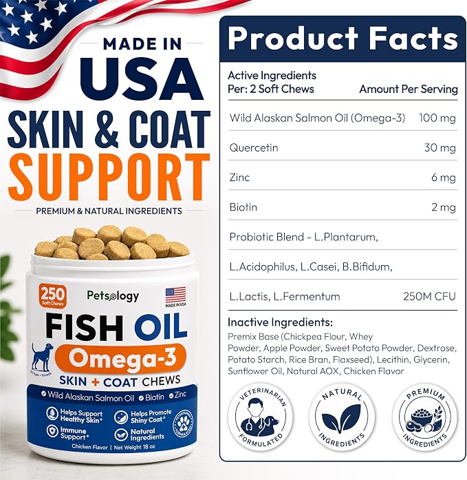 Omega 3 for Dogs - 250 Fish Oil Chews for Dog Shedding & Allergy Relief