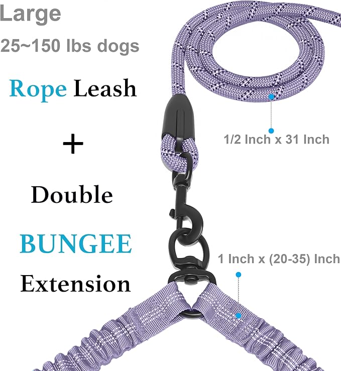 iYoShop Double Dog Leash, 360° Swivel, No Tangle, Large, Lavender | Dual Leash for Two Dogs, Split Leash, Shock-Absorbing Bungee, Padded Handle, Heavy-Duty Rope