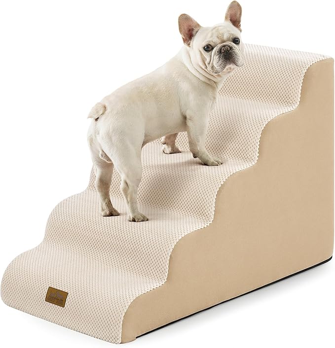 COZY KISS Wide Dog Stairs 19.7" Width, Pet Step for Small Medium/Large Dog, Puppy or Cat, Pet Ramp for High Bed or Car, High Density Foam Ladder, Stable, 5 Step, 19.7x33x22.4 in, Beige