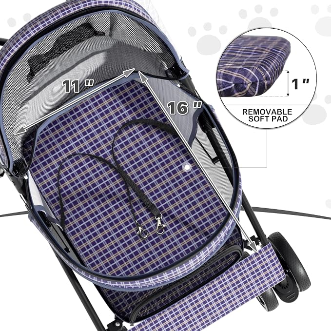 MoNiBloom 4-Wheel Foldable Pet Stroller - Plaid, up to 22lbs