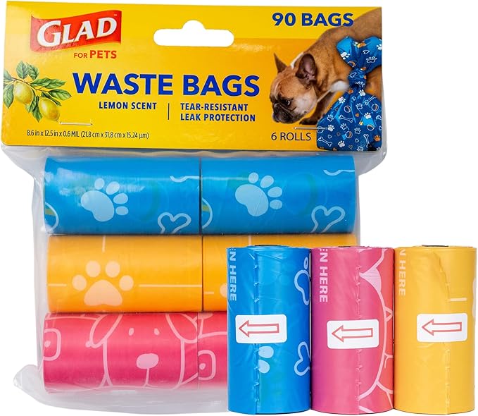 Glad for Pets Scented Dog Waste Bags, Tear-Resistant Pet Poop Pick-up Bags with Leak Protection, Lemon Fresh Scent, Fun Multicolor Bag Designs, 6 Rolls, 90 Bags Total