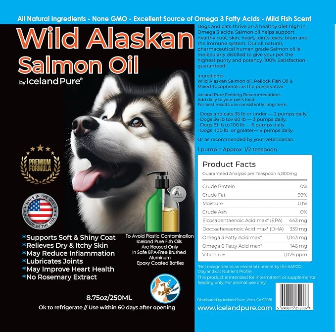Wild Alaskan Salmon Oil for Dogs and Cats by Iceland Pure | 1,043 mg of Omega-3 per Teaspoon | Salmon Oil & Pollock Blend | BPA-Free Brushed Aluminum Epoxy Coated Bottle with Pump - 8.75 oz