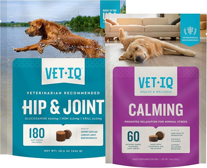 VetIQ Glucosamine Hip & Joint Supplement for Dogs, 180 Soft Chews + VetIQ Calming Support Supplement for Dogs, 60 Count, Dog Supplements made in the USA
