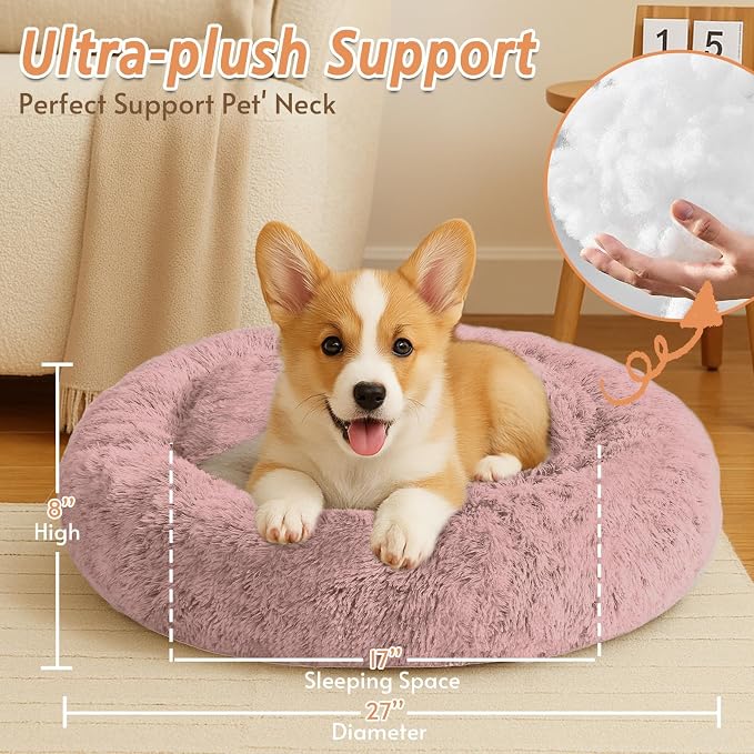 JOLLYVOGUE 27" Calming Donut Dog & Cat Bed, Dark Pink