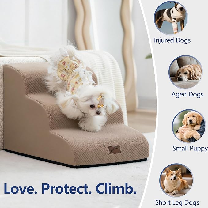 GoGoBunny Ramp Dog Stairs for Couch Sofa and Chair 15.7" H, 3-Step Pet Steps for Small Dogs and Cats, Non-Slip Waterproof Fabric Cover, Stable and Balanced Indoor Step, Pets Friendly, Camel