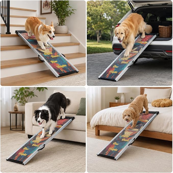 Aluminum Dog Ramp for Car, 64" x 17" Telescoping Pet Ramp for Large Dogs, Portable Dog Car Ramp with Non-Slip Sandpaper Surface, Outdoor Dog Ramp Up to 330 lbs, for Cars SUVs Trucks
