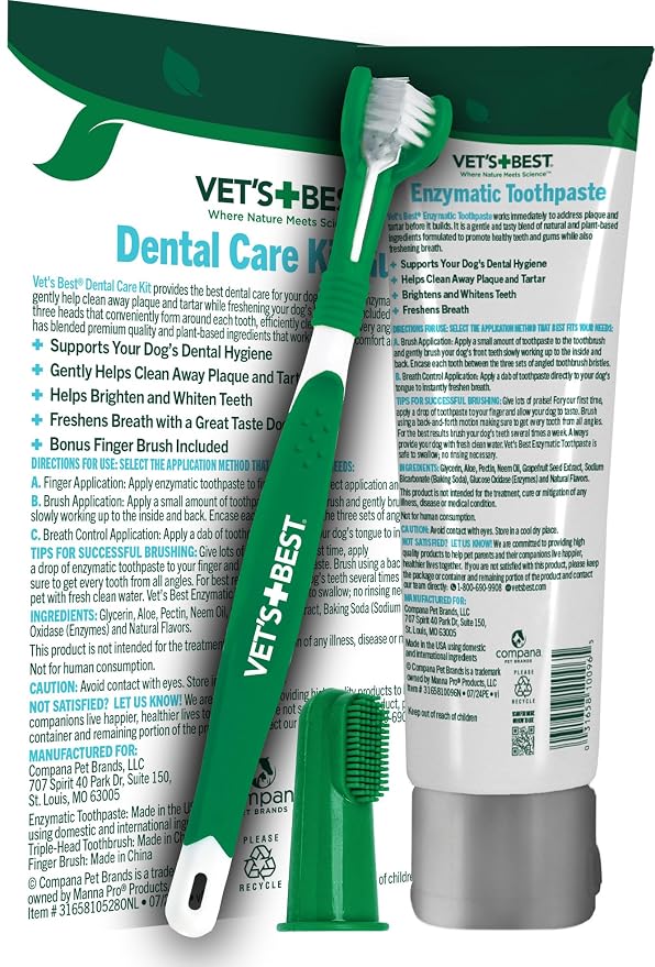 Vet's Best Dog Toothpaste & Toothbrush Dental Care Kit, With Brush 3.5 oz | Enzymatic Toothpaste for Dogs, Toothbrush & Finger Brush Included, Helps Remove Plaque & Freshen Dog Breath, Vet Formulated