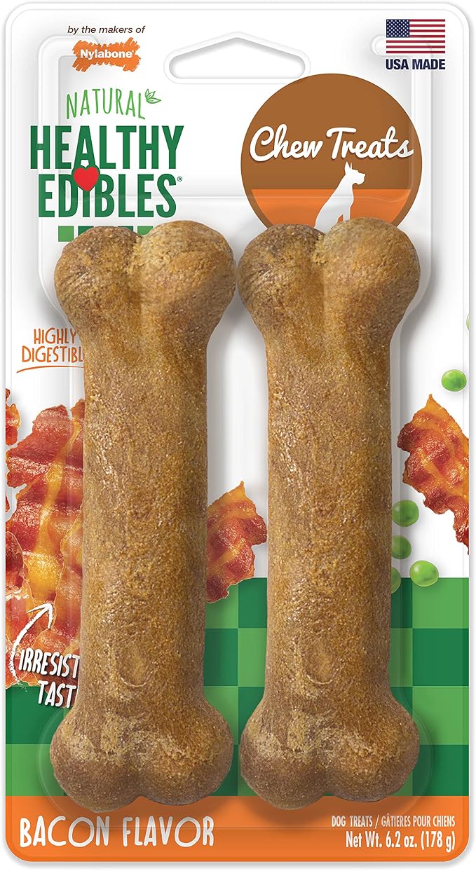 Nylabone Healthy Edibles Natural Dog Chews, Long Lasting Bones for Dogs, Bacon Flavor Dog Treats, Medium (2 Count)