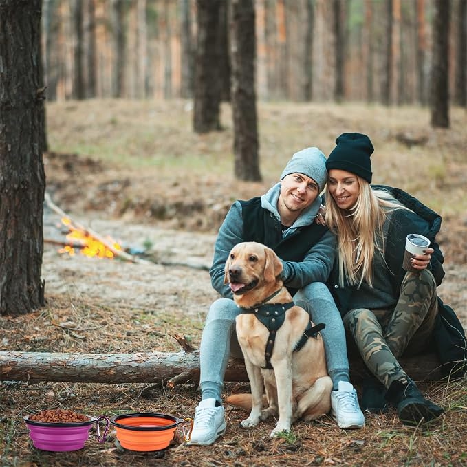Dog Bowl Collapsible, 2 Pack, with Carabiners, Small, Orange+Purple