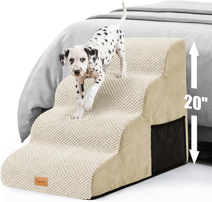 Topmart High Density Foam Dog Stairs 4 Tiers,Extra Wide Deep Pet Steps,Non-Slip Pet Stairs,Dog Ramp for Bed,Best for Older Injured Pets,Cats with Joint Pain
