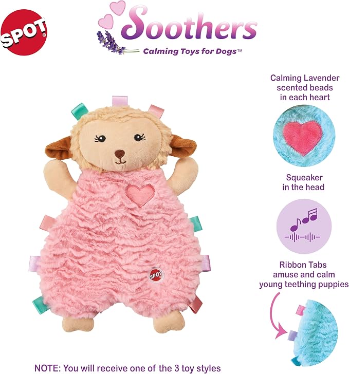SPOT Soothers Tabbie Lambie Dog Toy - 12in Stuffing-Free Calming Plush with Lavender Scent & Squeaker for Puppies & Small Dogs, Separation Anxiety Relief - 1 of 3 Assorted Colors, Sent at Random