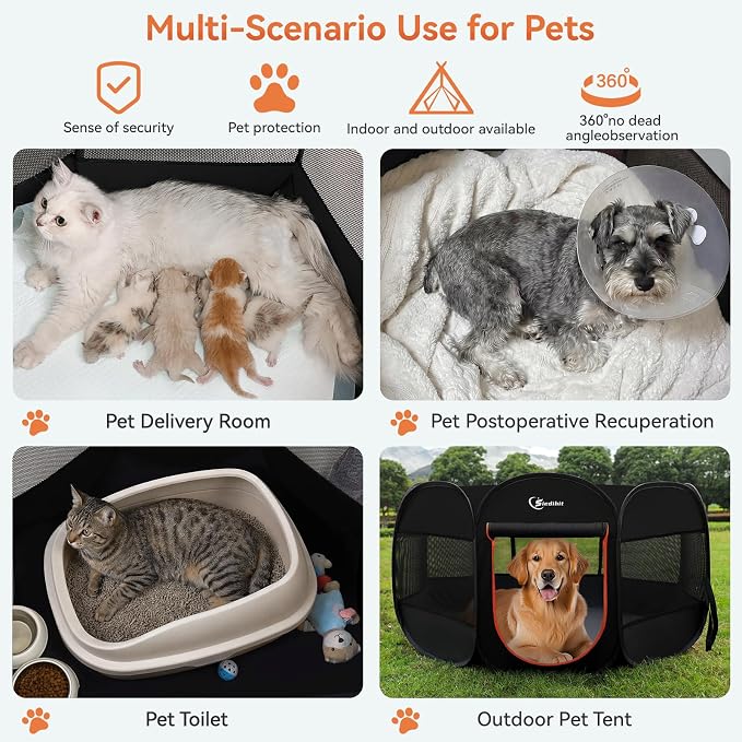 Siedihit Dog Playpen, Large Puppy Pet Playpen, Dog Crate Tent Cage Indoor/Outdoor, Portable Pop Up Dogs Kennel Playpen with Carrying Case for Dogs/Cats/Rabbitss, Black