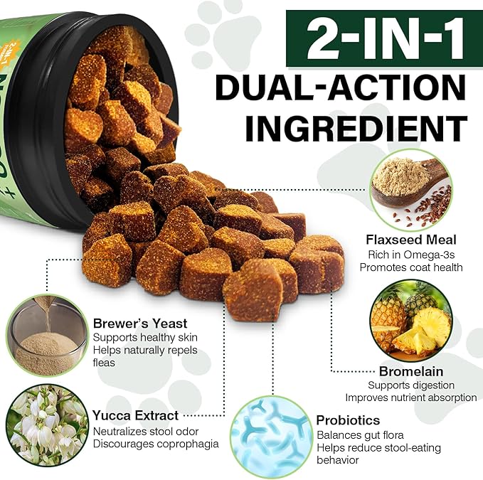 200 Chews Flea and Tick Prevention Chews-No Poo Chew for Dogs-2 in 1 Control Coprophagia & Flea Tick Supplement-Natural Soft Treats Deterrent Eat Poop with Digestive Enzymes Probiotics-Chicken