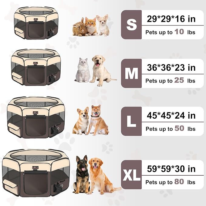Aivituvin Dog Playpen with Carrying Bag, Removable Shade Cover, Brown, L