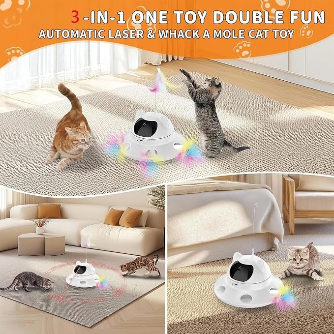 3-in-1 Auto Laser Cat Toy, USB Recharge Motion Activated Kitten Feather Chase Toy - Pure White