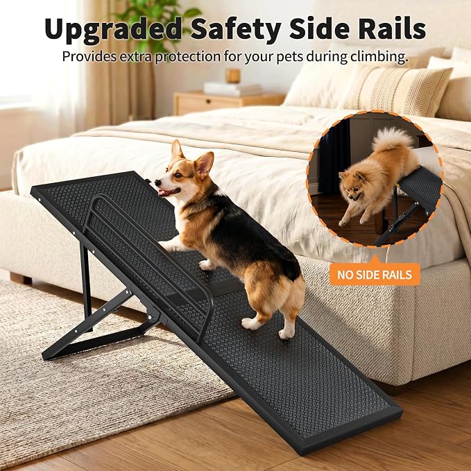 Dog Ramp for Bed, 5-Level Adjustable Pet Ramp with Side Safety Rails, 13.4"–18.3" Height Adjustable Foldable Ramp for Small to Large Dogs