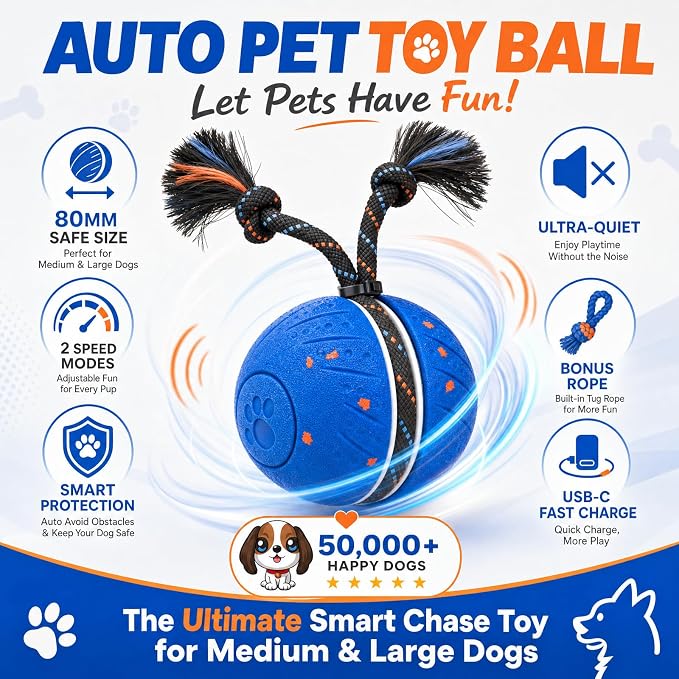 Interactive Smart Dog Ball Toy with Swinging Tail, Durable E-TPU Quiet Automatic Rolling Ball for Dogs to Chase, Self-Moving Dog Ball with Motion Activated, Rechargeable Small Medium Large Dog Toy