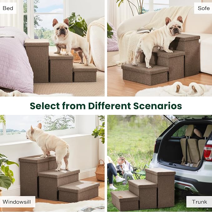 Love's cabin Dog Stairs for High Bed 18" H, Foldable Pet Stairs for Small Medium or Large Dogs Puppy with Storage for Bed or Couch, Cat Dog Steps Ramp with Zip up to 200 lbs, Light Brown, 3 Steps