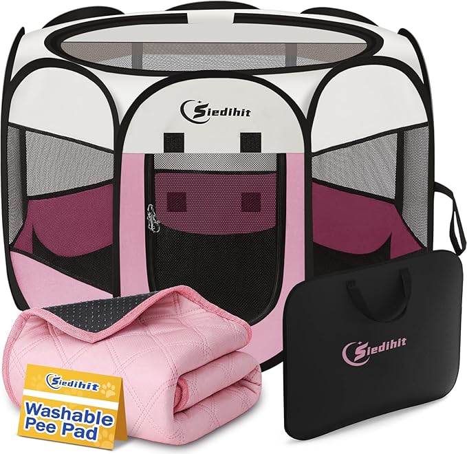 Siedihit Dog Cat Playpen, Puppy Pet Playpen Indoor for Dog Crate Tent Cage Outdoor, Portable Pop Up Dogs Enclosure Kennel with Carrying Case for Dogs/Cats/Rabbits (Pink with Pad, Medium)