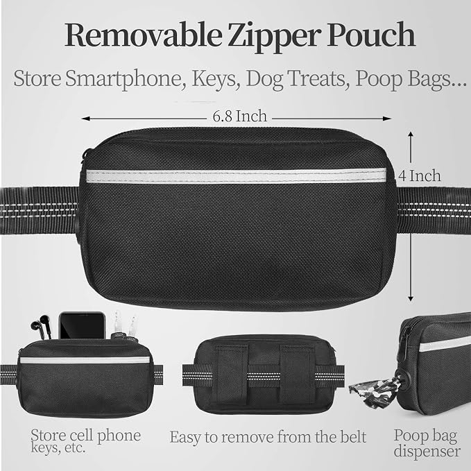 iYoShop Hands Free Dog Leash with Zipper Pouch, Medium, 8-25 lbs, Black | Waist Leash, Dual Padded Handles, Shock-Absorbing Bungee, Adjustable Waist Belt, Walking and Running