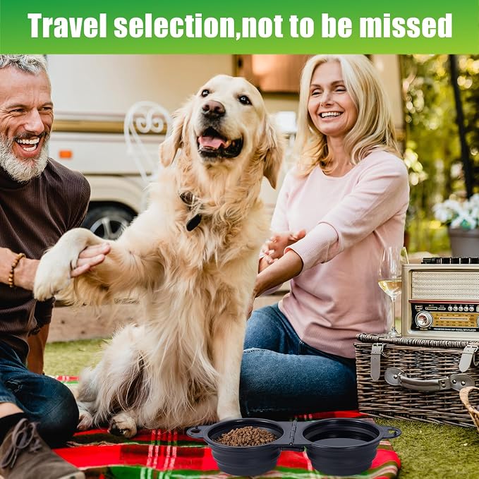 SLSON Collapsible Dog Dual Bowls with Lock Clips, Black