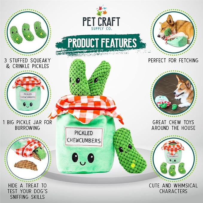 Pet Craft Supply Hide and Seek Plush Dog Toys Crinkle Squeaky Interactive Burrow Activity Puzzle Chew Fetch Treat Hiding Brain Stimulating Cute Funny Toy Bundle Pack -Pickles, for Medium Breeds | Crinkle Squeaky Burrow Toy for Hide and Seek Play, Puzzl...
