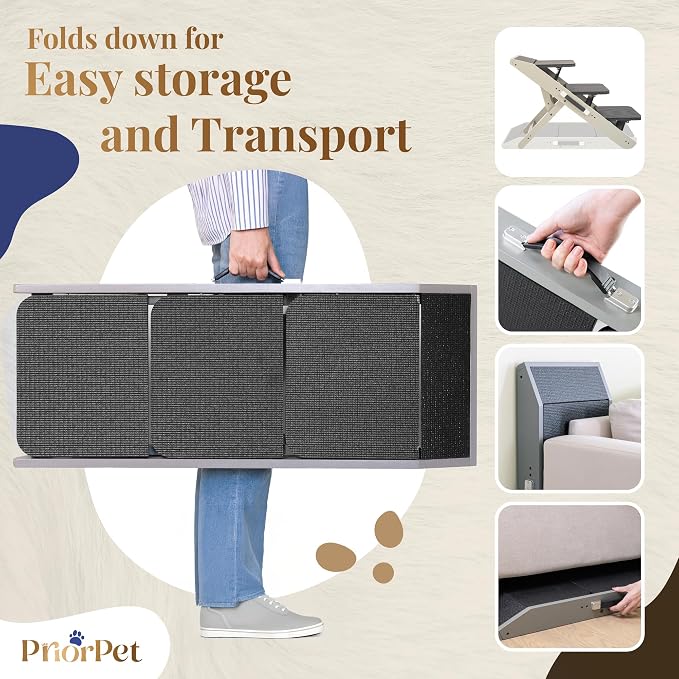 Dog ramp for Couch – Non-Slip, Sturdy Build Foldable Dog ramp – Supports up to 200lbs – Adjustable 7'' to 20'' – Landing Platform Seamlessly Connects – Birchwood Pet Ramp for Small Dogs – Gray