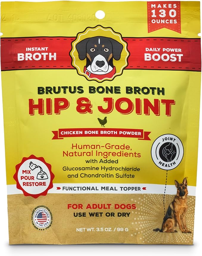 Brutus Broth Dog Food Topper - Instant Bone Broth Powder for Dogs - Supports Hip and Joint Function - Human-Grade Quality, Serve Dry or Wet - Chicken Flavor, 3.5 oz (Pack of 1)