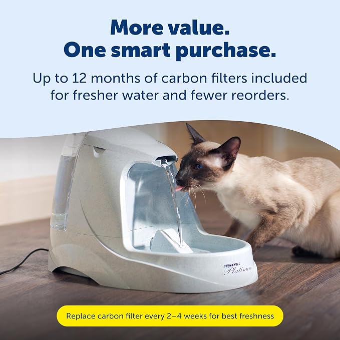 PetSafe Drinkwell Platinum Cat Water Fountain - Pet Fountain for All Pet Sizes, Encourages More Drinking, Includes 12-Pack of Replaceable Carbon Filters, Indoor Use, Grey (168 oz/5L)