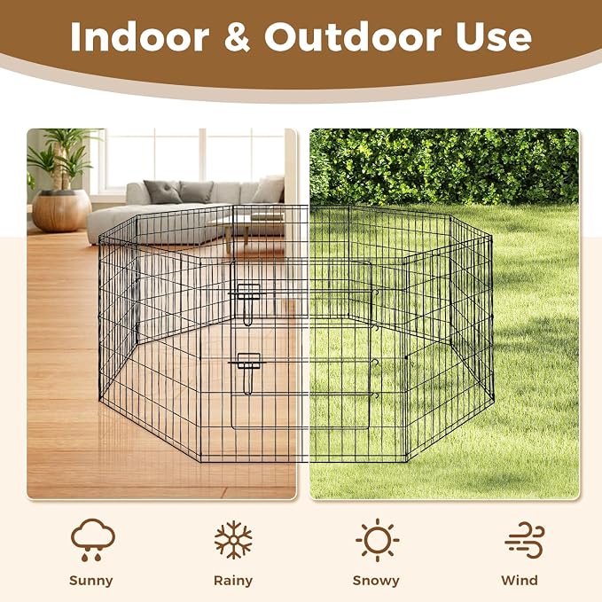 MUTTROS Foldable -42 inch Octagonal Metal Dog Playpen - 8-Panel Exercise Dog Fence, No Door, Indoor/Outdoor Dog Corral with Dog Pin for Large & Medium Dogs, Large Black
