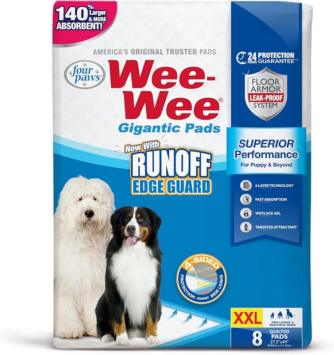 Four Paws Wee-Wee Superior Performance Pee Pads for Dogs with Runoff Barrier Edge Guard Protection, Puppy & Dog Potty Training Pads, Housebreaking Supplies, 27.5" x 44" (8 Count)