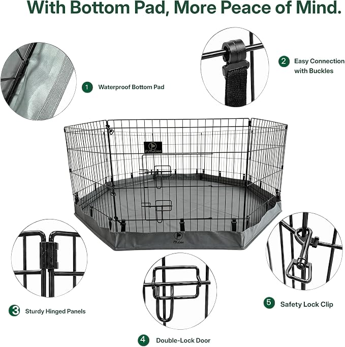PJYuCien Octagonal Dog Playpen with Bottom Pad - Metal Foldable Exercise Pen, 8 Panels 24" H x 24" W Indoor Outdoor Pet Fence Puppy Crate Kennel, Gray