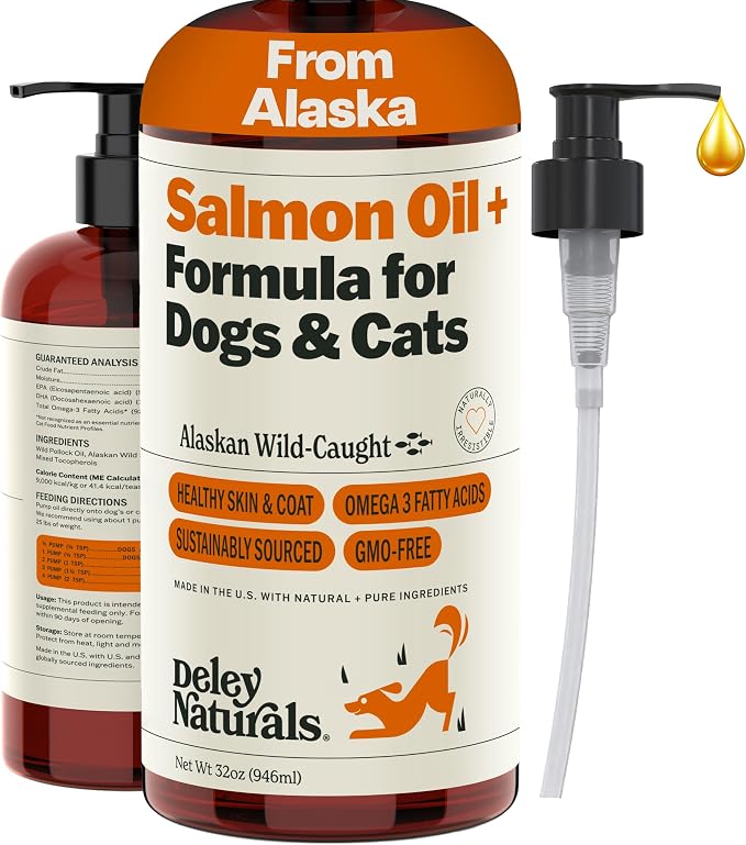 Deley Naturals Wild Alaskan Salmon Oil for Dogs & Cats - New and Improved Salmon Oil Plus Formula - Fish Oil for Dogs with Omega 3, DHA and EPA - Omega 3 for Healthy Skin and Coat - 32oz Made in USA