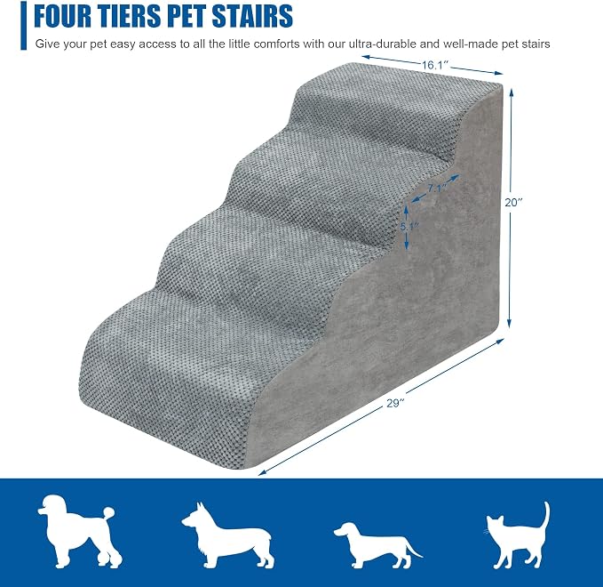 Dog Stairs for Small Dogs - High Density Foam Dog Ramp, Extra Wide Pet Steps with Non-Slip Bottom for High Beds, Couche and Sofa, Best for Pet Injured, Older Dogs Cats (Grey, 4 Steps)