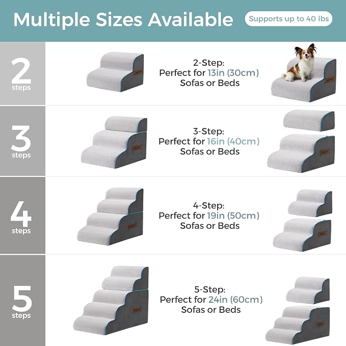 Dog Stairs, Steps and Ramp for High Bed & Sofa, 13-24" H Detachable Pet Stairs for Small Medium Dogs, Sturdy 40D Foam, Non-Slip, Washable Cover with Lint Roller, Grey