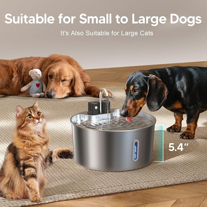Voluas Dog Water Fountain: 1.8Gal/7L Wireless Stainless Steel Dog Fountain Bowl for Small to Large Dogs, Battery Operated Pet Water Dispenser Indoor with Ultra-Quiet Pump, Easy Clean, 1 Filter