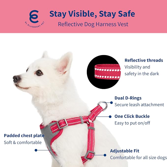 Blueberry Pet Pastel Colored Reflective Dog Harness with Seatbelt Clip – Adjustable No-Pull Pet Vest for Walking and Car Safety, Small Size in Very Berry
