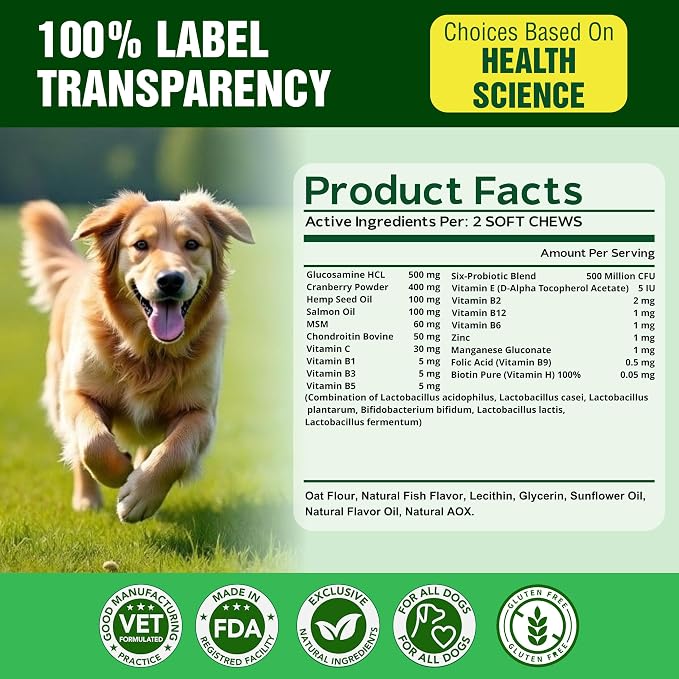 Dog Multivitamin – 15 in 1 Daily Supplement for Dogs with Glucosamine, Probiotics, Omega Fish Oil & Vitamins – Skin Coat, Immunity, Digestion, Hip & Joint Support – Made in USA – 120 Soft Chews