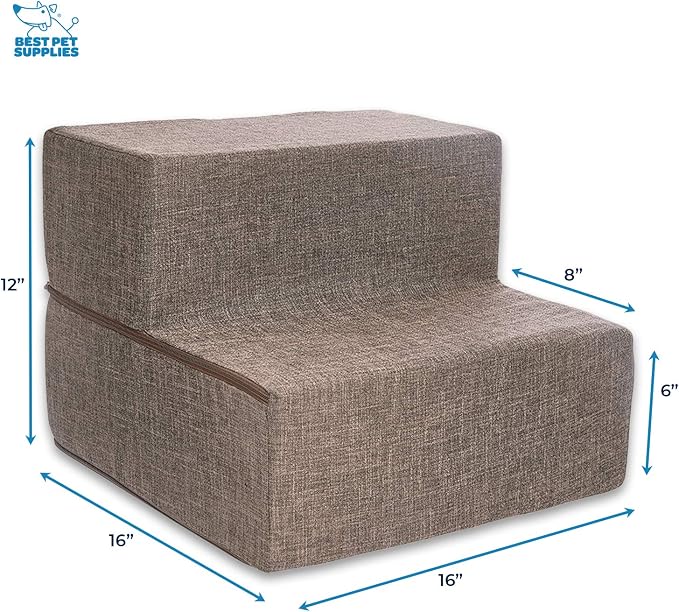 Best Pet Supplies Non-Slip Foam Dog Stair & Pet Ramp, Balanced Indoor Step Support - Foldable Stair, Brown Linen, 2-Step