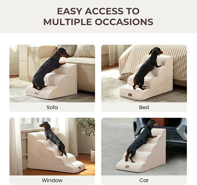 Dog Stairs for High Bed 13.5" H, 3-Step Dog Steps for Small Dogs and Cats, Pet Steps Ramp for Couch Sofa, Non-Slip Stable Indoor Pet Ladder with High Density Foam, Beige