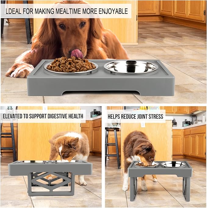 Elevated Dog Bowls for Large Dogs, Medium and Small - Raised Dog Bowl Stand Feeder Dog Dish Food Bowls - Double Stainless Steel Food and Water Bowls, 3 Heights, 2.8”, 7.7”, & 11.8” (Grey)
