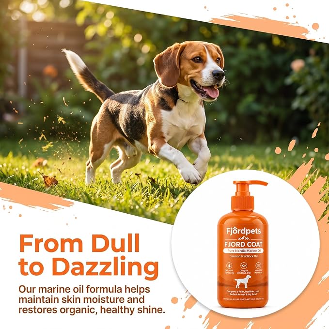 Fjordpets Fjord Coat Marine Oil for Dogs, Omega-3 Salmon and Pollock Fish Oil with EPA and DHA, Liquid Drops Supplement for Skin & Coat, 7.05 fl oz