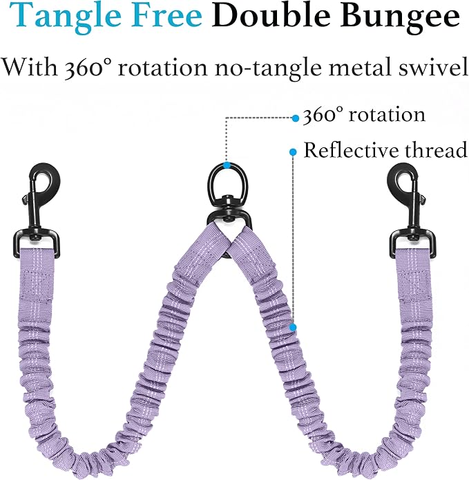 iYoShop Double Dog Leash, 360° Swivel, No Tangle, Large, Lavender | Dual Leash for Two Dogs, Split Leash, Shock-Absorbing Bungee, Padded Handle, Heavy-Duty Rope