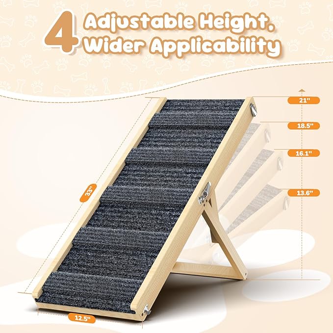 Pawaboo Foldable Dog Ramp, Small Dog Ramp for Couch, 4 Adjustable Height from 13'' to 21", Stable Pet Steps with Non-Slip Pad, Portable Pet Ramps Use for Couch Sofa Stairs, Wood